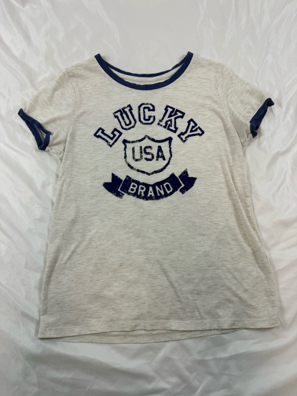 Lucky Brand "Lucky USA" Graphic Tee Cream Blue Ringer Medium